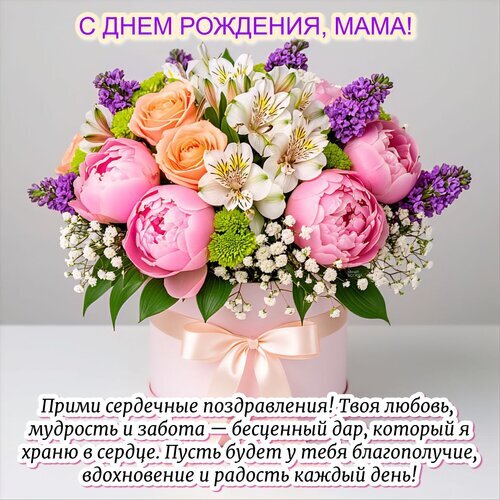 Красивая открытка «С днем рождения, мама!» с нежным букетом розовых пионов, роз и лилий в розовой коробке. Трогательное поздравление для любимой мамы. Открытка С днем рождения, мама! Красивая поздравительная открытка к дню рождения мамы. На изображении представлен пышный и нежный букет из розовых пионов, персиковых роз, белых лилий и фиолетовой сирени в изящной розовой шляпной коробке с атласным бантом. Сверху расположена надпись «С ДНЕМ РОЖДЕНИЯ, МАМА!», а внизу — трогательное пожелание о любви, мудрости и радости