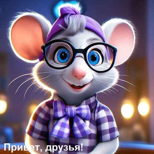 Милый белый мышонок в очках и фиолетовой шапочке. Дружелюбный 3D-персонаж в мультяшном стиле с надписью Привет, друзья! для детского контента. Открытка Привет, друзья! Милая и детализированная 3D-иллюстрация антропоморфного белого мышонка в стиле современных мультфильмов. Персонаж одет в фиолетовую шапочку, стильные черные очки в оправе и клетчатую рубашку с фиолетовым галстуком-бантом. У мышонка большие выразительные голубые глаза и дружелюбная улыбка. На изображении присутствует текст на русском языке: 