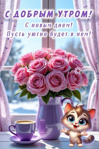 Доброе утро! Красивая открытка с розовыми розами, чашкой кофе и милым котенком. Пожелание уютного и доброго дня для близких и друзей. Открытка С добрым утром! С новым днем! Пусть уютно будет в нем! Красивая поздравительная открытка с пожеланием доброго утра. На изображении представлен пышный букет нежно-розовых роз в фиолетовой вазе, стоящий на подоконнике у окна. Рядом находится чашка ароматного кофе и милый, мультяшный котенок с большими выразительными глазами. На фоне виден светлый интерьер с занавесками и мягкий дневной свет. Текст на русском языке гласит: «С добрым утром! С новым днем! Пусть уютно будет в нем!»