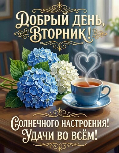 Доброе утро и добрый вторник! Красивая открытка с гортензиями и чашкой чая. Пожелание удачи и солнечного настроения на весь день. Открытка Вторник Красивая поздравительная открытка с пожеланием доброго вторника. На изображении представлены пышные голубые и белые гортензии рядом с чашкой ароматного горячего чая, от которой поднимается пар в форме сердечка. Композиция дополнена золотистыми каллиграфическими надписями: «Добрый день, Вторник!» и «Солнечного настроения! Удачи во всем!»