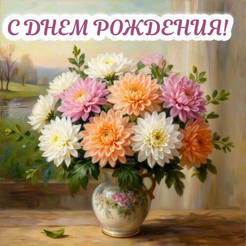 Красивая открытка «С днем рождения!» с букетом пышных георгинов в вазе. Живописное поздравление в классическом стиле для ваших близких. Открытка С днем рождения! Живописная поздравительная открытка к дню рождения с пышным букетом разноцветных георгинов в изящной вазе. На картине изображены нежные розовые, белые и персиковые цветы, написанные в классическом стиле масляной живописи. В верхней части расположена красивая надпись на русском языке «С ДНЕМ РОЖДЕНИЯ!». Теплые тона, мягкое освещение и детализированная прорисовка лепестков создают праздничное и уютное настроение