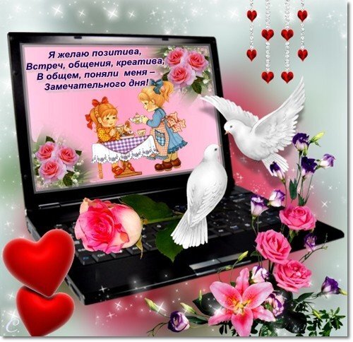 Яркая открытка с пожеланием позитива: ноутбук, белые голуби, розовые розы и сердца. Вдохновляющее изображение для хорошего настроения и добрых пожеланий. Открытка Я желаю позитива, встреч, общения, креатива, в общем поняли меня-замечательного дня! Красочное поздравительное изображение с ноутбуком, украшенным белыми голубями, розовыми розами и красными сердцами. На экране ноутбука — милая иллюстрация с девочками и вдохновляющая надпись на русском языке: «Я желаю позитива, встреч, общения, креатива, в общем, поняли меня — замечательного дня!». Композиция дополнена блестящими эффектами, цветами и подвесками в виде сердец, создавая атмосферу тепла, радости и пожелания хорошего настроения