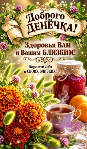 Уютная поздравительная открытка с пожеланиями добра и здоровья. Цветы, чай и варенье создают атмосферу тепла и заботы. Идеально для душевного приветствия. Открытка Доброго денечка Красочная поздравительная открытка в весеннем стиле с пожеланиями доброго дня, здоровья вам и вашим близким. Композиция включает яркие оранжевые цветы, кувшинку, баночку красного варенья и дымящуюся чашку чая