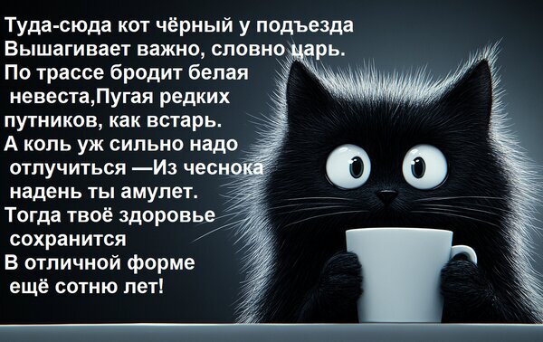 Милый черный кот с кружкой и шуточный стих о защите здоровья и чесночном амулете. Забавный арт с текстовым посланием. Открытка Туда-сюда кот черный у подъезда вышагивает важно, словно царь. Иллюстрация с изображением милого черного пушистого кота с большими выразительными глазами, который держит белую кружку. На фоне наложен текст в стихах, напоминающий народную примету или шуточное заклинание о защите здоровья с помощью чесночного амулета