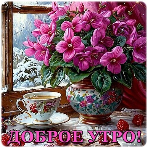 Уютная открытка «Доброе утро!»: пышный букет розовых цветов в вазе и чашка горячего напитка на фоне зимнего окна. Красивое пожелание доброго утра. Открытка Доброе утро! Красивая и уютная открытка с надписью «Доброе утро!». На изображении представлен пышный букет ярко-розовых цветов в изящной расписной вазе, стоящей на подоконнике. Рядом с вазой находится чашка ароматного кофе или чая на блюдце, украшенная цветочным узором. На фоне за окном виден зимний пейзаж со снежными деревьями, что создает атмосферу тепла и домашнего уюта в холодное время года Уютная открытка «Доброе утро!»: пышный букет розовых цветов в вазе и чашка горячего напитка на фоне зимнего окна. Красивое пожелание доброго утра. Открытка Доброе утро! Красивая и уютная открытка с надписью «Доброе утро!». На изображении представлен пышный букет ярко-розовых цветов в изящной расписной вазе, стоящей на подоконнике. Рядом с вазой находится чашка ароматного кофе или чая на блюдце, украшенная цветочным узором. На фоне за окном виден зимний пейзаж со снежными деревьями, что создает атмосферу тепла и домашнего уюта в холодное время года