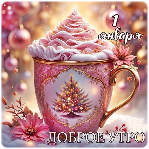 Праздничная открытка «Доброе утро 1 января». Розовая чашка с кремом, елочка и цветы. Уютное новогоднее пожелание для доброго начала года. Открытка Доброе утро! Красивая праздничная открытка к Новому году и 1 января. На изображении представлена изящная розовая чашка с золотой отделкой, украшенная рисунком нарядной елки. Чашка наполнена пышным розовым кремом или пенкой, напоминающей облако. Вокруг чашки расположены нежные розовые цветы и праздничные елочные шары в мягком боке. В верхней части надпись «1 января», а в нижней — «Доброе утро»