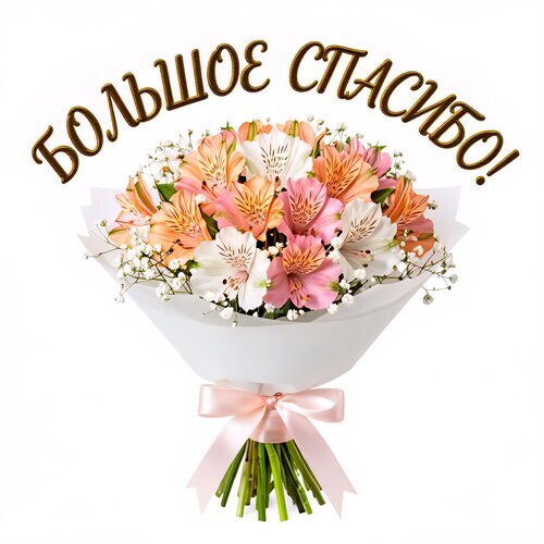 Букет нежных розовых альстромерий в белой упаковке с надписью «БОЛЬШОЕ СПАСИБО!». Идеальный вариант для выражения благодарности и поздравлений. Открытка Большое спасибо! Красивый и нежный букет из розовых и персиковых альстромерий в белой бумажной упаковке с атласным бантом. На изображении крупная надпись «Большое спасибо!», что делает этот букет идеальным вариантом для выражения благодарности, признательности или поздравления. Цветы выглядят свежими и объемными, дополнены мелкими белыми цветами гипсофилы