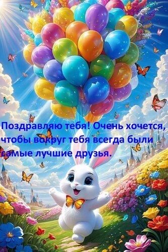 Праздничная открытка с милым кроликом, воздушными шарами и бабочками. Текст: «Поздравляю тебя! Пусть вокруг всегда будут лучшие друзья». Яркое пожелание радости! Открытка Поздравляю тебя! Очень хочется, чтобы вокруг тебя всегда были самые лучшие друзья. Яркая и праздничная открытка с пожеланием верных друзей. На изображении запечатлен милый белый кролик, бегущий по цветочному лугу под облаком разноцветных воздушных шаров. Вокруг порхают красивые бабочки, а солнечные лучи пробиваются сквозь небо, создавая атмосферу радости и счастья. Текст на русском языке гласит: «Поздравляю тебя! Очень хочется, чтобы вокруг тебя всегда были самые лучшие друзья»