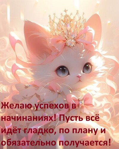 Милая открытка с котенком и пожеланием успехов в начинаниях. Картинка для мотивации и поддержки в новых делах. Желаю, чтобы все шло по плану! Открытка Желаю успехов в начинаниях! Пусть все идет гладко, по плану и обязательно получается! Милая и эстетичная открытка с изображением белого котенка в короне и розовых лентах. На картинке размещен мотивирующий текст на русском языке: 