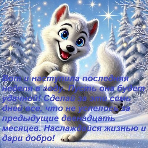 Милая зимняя открытка с белым щенком и пожеланием удачной последней недели года. Красивый заснеженный лес и мотивирующий текст на русском языке. Открытка Вот и наступила последняя неделя в году, пусть она будет удачной! Сделай за эти семь дней все, что н Красочная праздничная открытка с милым мультяшным белым щенком или волчонком на фоне заснеженного зимнего леса. На картинке изображена уютная зимняя атмосфера с искрящимися звездами и елями, покрытыми снегом. Поверх изображения нанесен поздравительный текст на русском языке: «Вот и наступила последняя неделя в году. Пусть она будет удачной! Сделай за эти семь дней все, что не успелось за предыдущие двенадцать месяцев. Наслаждайся жизнью и дари добро!»