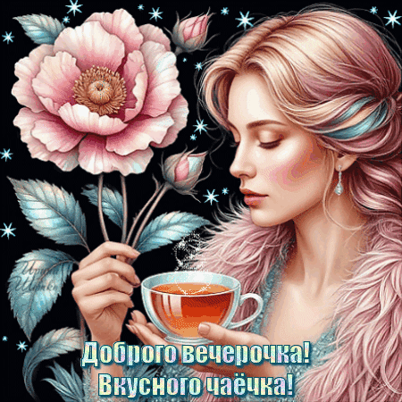 Уютная открытка с девушкой, розовым цветком и чашкой чая. Надпись: «Доброго вечерочка! Вкусного чаечка!». Идеально для пожеланий доброго вечера. Анимированная открытка Добрый вечер! Красивая цифровая иллюстрация в романтическом стиле, изображающая молодую женщину с нежно-розовыми волосами, наслаждающуюся чашкой горячего чая. Рядом с ней — пышный розовый цветок с детально прорисованными лепестками и бутонами. Атмосфера наполнена уютом и магией благодаря мерцающим звездам на темном фоне