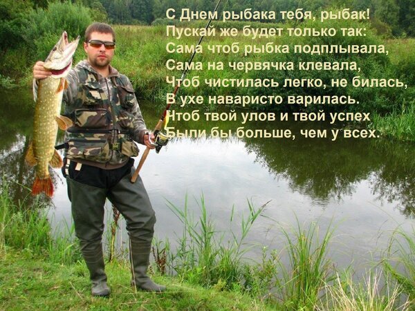 Поздравление с Днем рыбака: мужчина с уловом на берегу реки. Красивая открытка с пожеланиями удачного клева и большого улова. Открытка С Днем рыбака тебя, рыбак! Пускай же будет только так: Сама чтоб рыбка подплывала, Сама на червячка Поздравительная открытка к Дню рыбака. На изображении мужчина в камуфляжной одежде стоит на берегу реки, держа в одной руке крупную пойманную рыбу (щуку), а в другой — удочку. На фоне — живописный природный пейзаж с водой и зеленью. На картинке нанесен праздничный стих с пожеланиями отличного клева, легкой чистки рыбы и большого улова