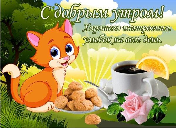 Доброе утро! Милая открытка с рыжим котенком, чашкой кофе, печеньем и розой. Пожелание хорошего настроения и улыбок на весь день. Открытка С добрым утром! Хорошего настроения. улыбок на весь день. Красочная открытка с пожеланием доброго утра. На изображении забавный рыжий котенок с большими глазами, чашка ароматного кофе с лимоном, печенье и нежная розовая роза на фоне солнечного рассвета и зелени Доброе утро! Милая открытка с рыжим котенком, чашкой кофе, печеньем и розой. Пожелание хорошего настроения и улыбок на весь день. Открытка С добрым утром! Хорошего настроения. улыбок на весь день. Красочная открытка с пожеланием доброго утра. На изображении забавный рыжий котенок с большими глазами, чашка ароматного кофе с лимоном, печенье и нежная розовая роза на фоне солнечного рассвета и зелени