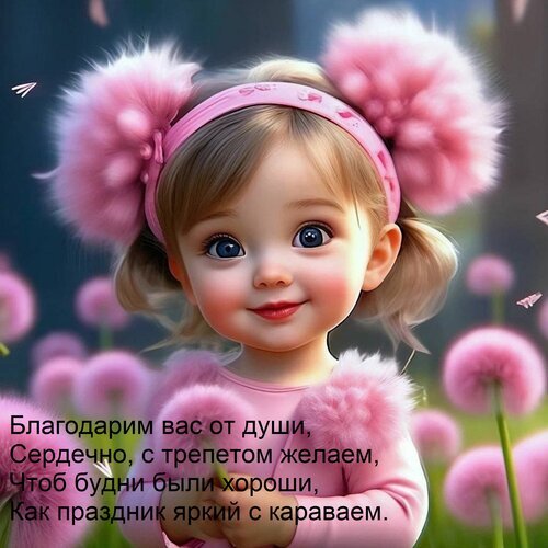Милая открытка с девочкой и розовыми одуванчиками. Душевное стихотворение с благодарностью для поздравлений и теплых пожеланий. Открытка Благодарим вас от души, Сердечно, с трепетом желаем, Чтоб будни были хороши, Как праздник яркий с ка Милая и очаровательная цифровая иллюстрация с изображением улыбающейся маленькой девочки с большими голубыми глазами. Девочка украшена розовым ободком с пушистыми помпонами, напоминающими цветы. На фоне — нежное поле розовых одуванчиков в мягком размытии. На картинке размещен поздравительный текст на русском языке: «Благодарим вас от души, Сердечно, с трепетом желаем, Чтоб будни были хороши, Как праздник яркий с караваем»
