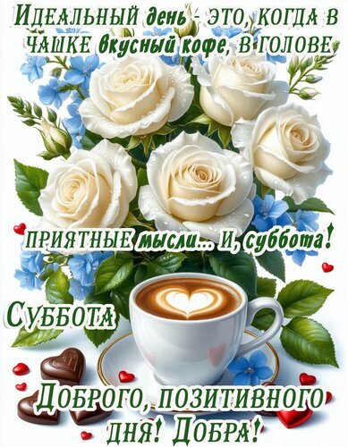 Открытка на субботу: букет белых роз и чашка кофе с сердцем. Пожелание доброго, позитивного дня и приятных мыслей. Идеально для настроения в выходной! Открытка Суббота Красивая поздравительная открытка с букетом нежных белых роз и чашкой ароматного кофе с латте-артом в форме сердца. На изображении размещен вдохновляющий текст на русском языке о том, что идеальный день — это вкусный кофе, приятные мысли и суббота