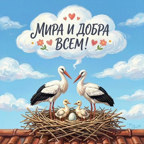 Милая иллюстрация с парой аистов в гнезде и надписью «Мира и добра всем!». Символ семьи, мира и счастья на фоне голубого неба с облаками. Открытка Мира и добра всем! ?✨ Красочная цифровая иллюстрация с изображением пары белых аистов в гнезде. На фоне голубого неба с пушистыми облаками расположено белое облачко-баббл с вдохновляющей надписью на русском языке: «Мира и добра всем!». Декор включает маленькие красные сердечки и цветы. В гнезде также находятся два птенца и одно яйцо. Изображение наполнено теплыми эмоциями, символизирует мир, семейное счастье, надежду и благополучие Милая иллюстрация с парой аистов в гнезде и надписью «Мира и добра всем!». Символ семьи, мира и счастья на фоне голубого неба с облаками. Открытка Мира и добра всем! ?✨ Красочная цифровая иллюстрация с изображением пары белых аистов в гнезде. На фоне голубого неба с пушистыми облаками расположено белое облачко-баббл с вдохновляющей надписью на русском языке: «Мира и добра всем!». Декор включает маленькие красные сердечки и цветы. В гнезде также находятся два птенца и одно яйцо. Изображение наполнено теплыми эмоциями, символизирует мир, семейное счастье, надежду и благополучие