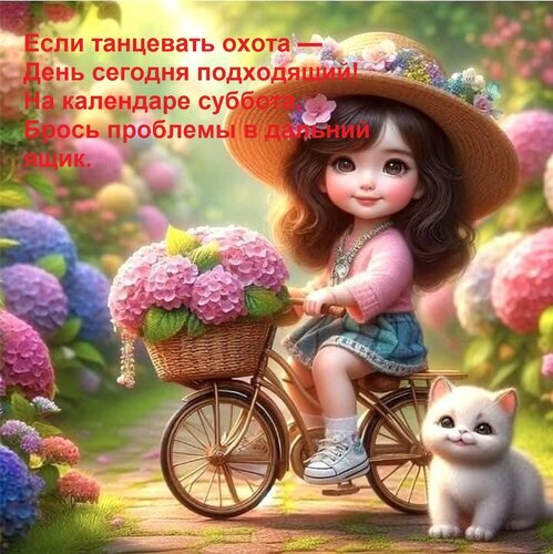 Милая девочка на велосипеде с цветами и белым котенком. Прекрасная весенняя иллюстрация для настроения и позитивных цитат на субботу. Открытка Если танцевать охота — День сегодня подходящий! На календаре суббота, Брось проблемы в дальний ящик. Милая цифровая иллюстрация в стиле 3D-анимации, изображающая маленькую девочку в соломенной шляпе, едущую на велосипеде с корзиной розовых цветов. Рядом с ней на дорожке сидит очаровательный белый котенок. Фон наполнен пышными садовыми цветами (гортензиями) в пастельных тонах, создавая атмосферу весеннего праздника и беззаботности. На изображении наложен текст на русском языке, призывающий наслаждаться моментом и отбросить проблемы