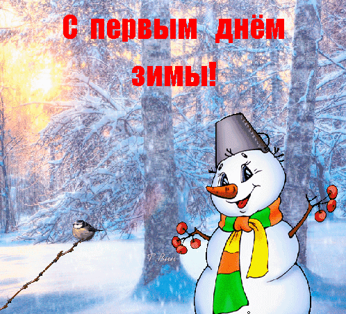 Милая зимняя открытка: улыбающийся снеговик в шарфе на фоне заснеженного леса и птички. Надпись: С первым днем зимы!. Поздравление с началом зимы. Анимированная открытка С первым днем зимы! Праздничная поздравительная открытка к первому дню зимы. На фоне заснеженного зимнего леса с мягким солнечным светом изображен милый улыбающийся снеговик в ведерке на голове и в цветном шарфе. Рядом на ветке сидит маленькая птичка, а на фоне видны заснеженные деревья. На картинке ярко выделен текст на русском языке: 