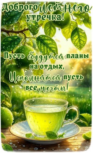 Летняя открытка с пожеланиями доброго утра: сочные лимоны, солнечный свет и чашка чая. Пожелание исполнения планов на отдых и всех мечтаний! Открытка Утро Красивая поздравительная открытка с пожеланиями доброго летнего утра. На изображении изображены сочные зеленые лимоны на ветках с капельками росы, залитые солнечным светом, и чашка освежающего зеленого чая. Текст на картинке гласит: 