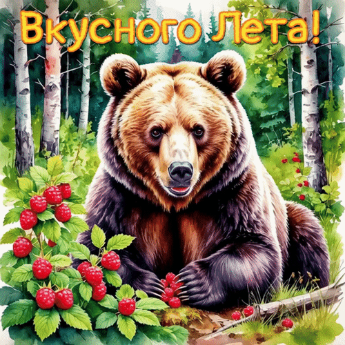 Милый бурый медведь в лесу с малиной и надписью «Вкусного Лета!». Яркая летняя иллюстрация для поздравлений и декора. Анимированная открытка Вкусного Лета! Яркая и аппетитная иллюстрация с изображением бурого медведя в густом лесу, наслаждающегося спелыми лесными ягодами. На картинке крупным планом изображены сочные кусты малины, создающие ощущение лета и природы. В верхней части композиции расположена приветственная надпись на русском языке «Вкусного Лета!», выполненная в теплых золотистых тонах. Изображение выполнено в реалистичном художественном стиле, идеально подходит для использования в качестве открытки, летнего декора, поздравительного поста в социальных сетях или тематического фона для детского контента