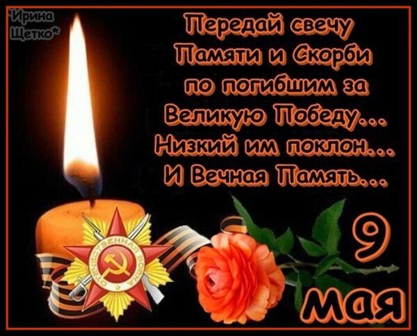 Открытка к 9 Мая: зажженная свеча, орден Победы и роза. Текст: «Передай свечу Памяти и Скорби... Низкий им поклон... И Вечная Память...». Память о героях Великой Победы. Открытка Передай свечу Памяти и Скорби... Открытка к 9 Мая с зажженной свечой, орденом «Победа» и красной розой на черном фоне. Текст на русском языке: «Передай свечу Памяти и Скорби по погибшим за Великую Победу... Низкий им поклон... И Вечная Память...». Изображение посвящено Дню Победы, памяти героев и скорби о павших воинах