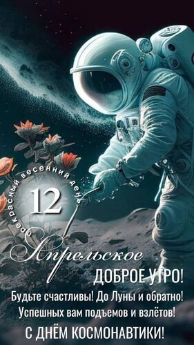 Поздравление с Днем космонавтики (12 апреля): астронавт на Луне, пожелания счастья и успешных взлетов. Красивая открытка для доброго утра в космосе! Открытка Апрельское доброе утро Поздравительная открытка к Международному дню космонавтики. На изображении представлен детальный космический скафандр астронавта на фоне лунной поверхности и звездного неба. Декоративные элементы в виде цветов и элегантный шрифт с надписью «12 апреля» создают праздничное настроение. Текст пожелания включает фразы: «Доброе утро!», «Будьте счастливы! До Луны и обратно!», «Успешных вам подъемов и взлетов!», а также праздничное поздравление «С Днем космонавтики!»