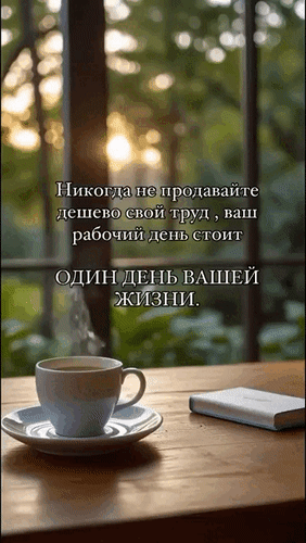 Мотивирующая цитата о ценности труда и времени: Никогда не продавайте дешево свой труд. Эстетичное фото с кофе и блокнотом для соцсетей. Анимированная открытка Никогда не продавайте дешево свой труд, ваш рабочий день стоит ОДИН ДЕНЬ Вашей Жизни. Эстетичное изображение с мотивирующей цитатой о самоценности и профессионализме. На фоне уютного утра у окна, с чашкой кофе и блокнотом, наложен текст: Никогда не продавайте дешево свой труд, ваш рабочий день стоит ОДИН ДЕНЬ ВАШЕЙ ЖИЗНИ. Картинка идеально подходит для постов в социальных сетях (Instagram, Pinterest, Telegram) на темы саморазвития, психологии успеха, тайм-менеджмента и карьерного роста Мотивирующая цитата о ценности труда и времени: Никогда не продавайте дешево свой труд. Эстетичное фото с кофе и блокнотом для соцсетей. Анимированная открытка Никогда не продавайте дешево свой труд, ваш рабочий день стоит ОДИН ДЕНЬ Вашей Жизни. Эстетичное изображение с мотивирующей цитатой о самоценности и профессионализме. На фоне уютного утра у окна, с чашкой кофе и блокнотом, наложен текст: Никогда не продавайте дешево свой труд, ваш рабочий день стоит ОДИН ДЕНЬ ВАШЕЙ ЖИЗНИ. Картинка идеально подходит для постов в социальных сетях (Instagram, Pinterest, Telegram) на темы саморазвития, психологии успеха, тайм-менеджмента и карьерного роста