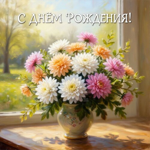Поздравительная открытка «С днем рождения!» с букетом пышных георгинов в вазе на фоне солнечного окна. Красивое праздничное изображение для поздравления. Открытка С днем рождения! Красивая поздравительная открытка с пышным букетом разноцветных георгинов в вазе. На переднем плане — нежные розовые, белые и персиковые цветы, стоящие на подоконнике. На фоне — мягкий солнечный свет и размытый вид на весенний или летний сад через окно. Сверху расположена золотистая надпись на русском языке «С ДНЕМ РОЖДЕНИЯ!». Изображение выполнено в стиле реалистичной живописи, создавая теплую, праздничную и уютную атмосферу