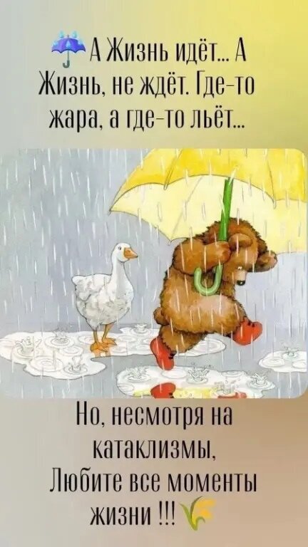 Мотивационная картинка с медвежонком и гусыней под дождем. Цитата о том, что нужно любить все моменты жизни, несмотря на любые трудности. Открытка А жизнь идет а жизнь не ждет Иллюстрация с философским текстом на русском языке. На картинке изображены милый медвежонок под желтым зонтом и белая гусыня под проливным дождем, стоящие в лужах. Текст гласит: «А Жизнь идет... А Жизнь, не ждет. Где-то жара, а где-то льет... Но, несмотря на катаклизмы, Любите все моменты жизни!!!». Картинка несет вдохновляющий и оптимистичный посыл, призывая ценить каждый миг жизни вопреки жизненным трудностям и обстоятельствам. Дождливое утро. Мотивационная картинка с медвежонком и гусыней под дождем. Цитата о том, что нужно любить все моменты жизни, несмотря на любые трудности. Открытка А жизнь идет а жизнь не ждет Иллюстрация с философским текстом на русском языке. На картинке изображены милый медвежонок под желтым зонтом и белая гусыня под проливным дождем, стоящие в лужах. Текст гласит: «А Жизнь идет... А Жизнь, не ждет. Где-то жара, а где-то льет... Но, несмотря на катаклизмы, Любите все моменты жизни!!!». Картинка несет вдохновляющий и оптимистичный посыл, призывая ценить каждый миг жизни вопреки жизненным трудностям и обстоятельствам. Дождливое утро.