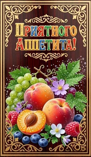 Аппетитный натюрморт с фруктами и ягодами на деревянном фоне с надписью «Приятного аппетита!» и золотой винтажной рамкой. Идеально для меню и открыток. Открытка Приятного аппетита! Изображение представляет собой яркий и аппетитный праздничный плакат или открытку с надписью «Приятного аппетита!» на русском языке. Композиция на темном деревянном фоне украшена пышным натюрмортом из свежих фруктов и ягод: спелыми персиками, сочным виноградом, сладкой малиной и черникой. Декоративная золотистая рамка в винтажном стиле придает изображению классический и элегантный вид