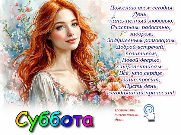 Красивая открытка с рыжеволосой девушкой и пожеланиями счастья на субботу. Доброе утро и отличного настроения в этот выходной день! Открытка Включить счастливую субботу Красочная цифровая иллюстрация с изображением молодой девушки с длинными рыжими волосами на фоне нежных цветов. Изображение содержит поздравительный текст на русском языке с пожеланиями любви, счастья, радости и новых перспектив. В нижней части картинки крупная надпись «Суббота» и призыв «Включить счастливый день» Красивая открытка с рыжеволосой девушкой и пожеланиями счастья на субботу. Доброе утро и отличного настроения в этот выходной день! Открытка Включить счастливую субботу Красочная цифровая иллюстрация с изображением молодой девушки с длинными рыжими волосами на фоне нежных цветов. Изображение содержит поздравительный текст на русском языке с пожеланиями любви, счастья, радости и новых перспектив. В нижней части картинки крупная надпись «Суббота» и призыв «Включить счастливый день»