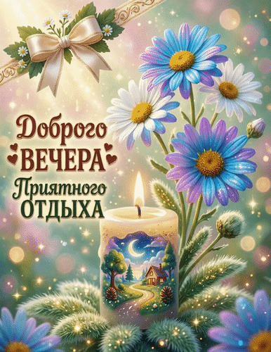 Приятная открытка с пожеланием доброго вечера и отдыха. Цветы, уютная свеча и теплые огни. Идеальное вечернее приветствие для близких и друзей. Анимированная открытка Добрый вечер Красивая поздравительная открытка с пожеланием доброго вечера и приятного отдыха. На изображении представлены яркие цветы (ромашки), зажженная свеча с уютным пейзажем внутри, мягкое мерцание огней и декоративная лента с бантом. Идеально подходит для отправки в мессенджерах и соцсетях в качестве теплого вечернего приветствия для близких, друзей и коллег