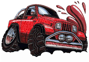 Яркий рисунок красного внедорожника с огромными колесами в стиле monster truck. Блестящая текстура, динамичный вид, арт для темы оффроуда и экстрима. Анимированная открытка Машины анимационная машина Стилизованное художественное изображение красного внедорожника или джипа в стиле «monster truck» с гипертрофированными крупными колесами и мощным бампером. Рисунок выполнен в технике с ярким блестящим эффектом (глиттер), подчеркивающим текстуру кузова. Автомобиль изображен под динамичным углом, что создает ощущение мощи и драйва