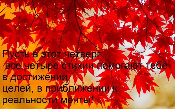 Мотивационная открытка на четверг с красными листьями клена. Пожелание успеха в достижении целей и воплощении мечты с помощью четырех стихий. Открытка Пусть в этот четверг все четыре стихии помогают тебе в достижении целей. Красочное изображение ярко-красных листьев клена на фоне осеннего пейзажа с наложенным вдохновляющим текстом на русском языке. Надпись гласит: 