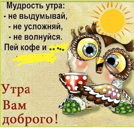Доброе утро! Милая открытка с совой, пьющей кофе, и мотивирующей фразой «Мудрость утра: не выдумывай, не усложняй, не волнуйся». Идеально для пожеланий. Открытка Утра доброго! Картинка-открытка с милым мультяшным совой, пьющей кофе из красной кружки. На изображении расположен вдохновляющий текст «Мудрость утра: не выдумывай, не усложняй, не волнуйся. Пей кофе и...» и пожелание «Утра Вам доброго!»