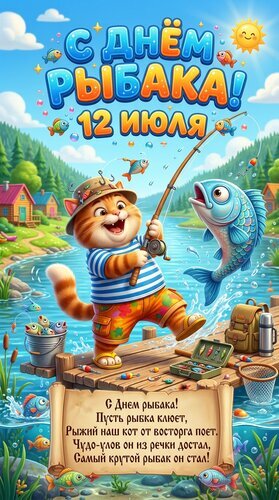 Поздравление с Днем рыбака 12 июля! Веселый рыжий кот ловит рыбу на фоне солнечной реки. Яркая открытка для любителей рыбалки и праздничного настроения. Открытка Яркая открытка со смешным рыжим котом-рыбаком к 12 июля! Отличный улов и праздничное настроение. Яркая поздравительная открытка с Днем рыбака (12 июля). На картинке изображен веселый рыжий кот в панамке и полосатой футболке, который с азартом ловит крупную синюю рыбу на деревянном мостике. Вокруг кота — рыболовные снасти: удочка, ведро с уловом, сачок и рюкзак. Фон наполнен солнечным светом, лесом, рекой и множеством маленьких рыбок. Внизу расположено милое стихотворение в стихах