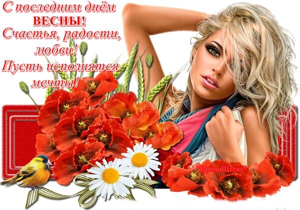 Яркая поздравительная открытка к последнему дню весны с красивой девушкой, красными маками, ромашками и пожеланиями счастья, любви и исполнения мечтаний. Открытка С последним днем Весны! Красочное поздравительное изображение к последнему дню весны. На картинке изображена привлекательная блондинка в окружении пышного букета ярко-красных маков и белых ромашек. На фоне виднеются колосья пшеницы и маленькая певчая птичка. Сверху наложен праздничный текст на русском языке: «С последним днем весны! Счастья, радости, любви! Пусть исполнятся мечты!»