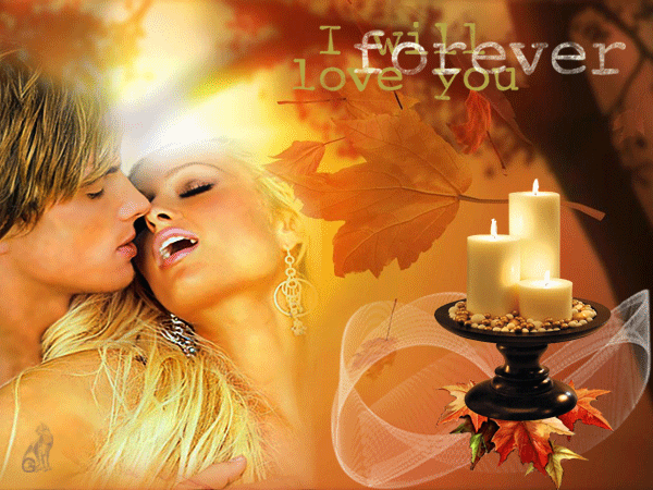 Романтическое изображение пары с надписью «I will love you forever» на фоне осенних листьев и зажженных свечей. Идеально для признаний в любви и открыток. Анимированная открытка кленовые листья Романтическая и эмоциональная композиция, передающая атмосферу вечной любви. На изображении запечатлена пара в нежном объятии на фоне теплых осенних тонов. Справа расположена группа зажженных свечей на декоративной подставке, окруженная осенними листьями и легкой вуалью, что создает уютное и интимное настроение. В верхней части кадра расположена вдохновляющая надпись «I will love you forever» (Я буду любить тебя вечно)