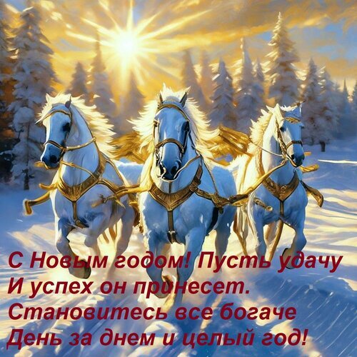 Красивая новогодняя открытка с тремя белыми крылатыми лошадьми в зимнем лесу. Пожелание удачи, успеха и богатства в Новом году на русском языке. Открытка С Новым годом! Пусть удачу и успех он принесет. Становитесь все богаче день за днем и целый год! Праздничная цифровая открытка с изображением трех величественных белых лошадей с золотыми крыльями, мчащихся сквозь зимний солнечный лес. На переднем плане наложен праздничный текст на русском языке: 