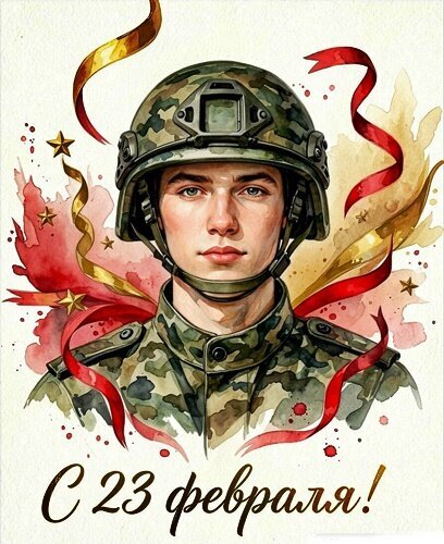 Праздничная акварельная иллюстрация к 23 февраля с портретом молодого солдата в камуфляже и поздравительной надписью на русском языке. Открытка 23 февраля Художественная цифровая иллюстрация в стиле акварели, посвященная празднику 23 февраля. На изображении представлен портрет молодого солдата в камуфляжной форме и защитном шлеме. Лицо выражает спокойствие и решительность. Фон украшен динамичными красными и золотыми лентами, а также абстрактными акварельными разводами теплого оттенка. В нижней части картинки расположена праздничная надпись на русском языке: «С 23 февраля!»