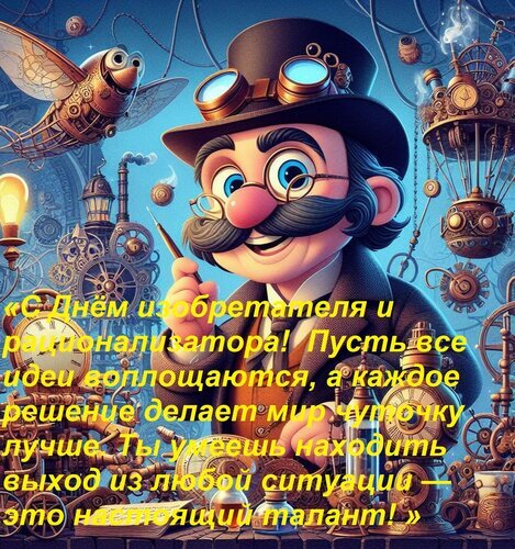Поздравление с Днем изобретателя в стиле стимпанк: обаятельный инженер среди фантастических механизмов и шестеренок с вдохновляющим текстом. Открытка «С Днем изобретателя и рационализатора! Пусть все идеи воплощаются, а каждое решение делает мир чу Яркая и детализированная поздравительная открытка в стиле стимпанк, посвященная Дню изобретателя и рационализатора. В центре композиции — харизматичный мультяшный персонаж: изобретатель с пышными усами, в цилиндре со стильными гогглами и очках. Вокруг него разворачивается фантастический мир шестеренок, механизмов, паровых машин и необычных летающих устройств, напоминающих насекомых. На переднем плане расположена вдохновляющая поздравительная надпись на русском языке, желающая реализации идей и признания таланта