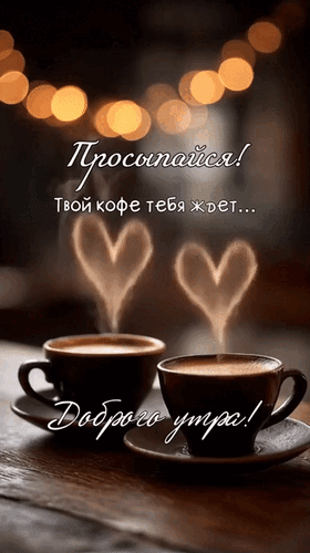 Уютная открытка «Доброго утра» с двумя чашками кофе, сердечками из пара и теплым светом. Идеальное пожелание доброго утра для близких и друзей. Анимированная открытка Просыпайся! Твой кофе тебя ждет... Доброго утра! Уютная и вдохновляющая открытка для доброго утра. На изображении представлены две чашки горячего кофе на деревянном столе, от которых поднимается пар в форме сердечек. Теплый свет гирлянд на заднем плане создает атмосферу уюта и нежности. Текст на русском языке гласит: «Просыпайся! Твой кофе тебя ждет... Доброго утра!»