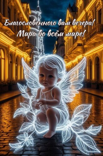 Красивая открытка с ангелом и надписью «Благословенного вам вечера! Мира во всем мире!». Магическая картинка с пожеланием мира и спокойного вечера. Открытка Благословенного вечер Эстетичная цифровая открытка с изображением ангелочка, выполненного в светящемся неоновом стиле. Маленький младенец с крыльями сидит на фоне ночного города с подсвеченными зданиями в классическом архитектурном стиле. Изображение наполнено магической атмосферой и светом. На картинке присутствует поздравительная надпись на русском языке: 