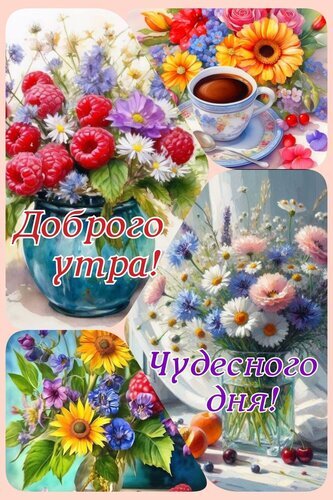 Яркая открытка с цветами, малиной и чашкой кофе. Пожелания «Доброго утра!» и «Чудесного дня!» для создания отличного настроения с самого начала дня. Открытка Доброго утра Красочная поздравительная открытка с пожеланием «Доброго утра!». Коллаж включает яркие цветочные композиции: полевые цветы, подсолнухи, герберы и малину. В верхней части изображена чашка ароматного кофе, создающая уютную атмосферу начала дня. В нижней части — пожелание «Чудесного дня!» Яркая открытка с цветами, малиной и чашкой кофе. Пожелания «Доброго утра!» и «Чудесного дня!» для создания отличного настроения с самого начала дня. Открытка Доброго утра Красочная поздравительная открытка с пожеланием «Доброго утра!». Коллаж включает яркие цветочные композиции: полевые цветы, подсолнухи, герберы и малину. В верхней части изображена чашка ароматного кофе, создающая уютную атмосферу начала дня. В нижней части — пожелание «Чудесного дня!»