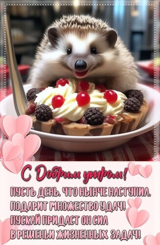 Милая открытка С добрым утром! с пушистым ежиком и вкусным десертом. Пожелание удачи и сил на весь день в нежных тонах с сердечками. Открытка С добрым утром! Милая открытка с изображением пушистого ежика, который восхищенно смотрит на аппетитный десерт — вафлю со взбитыми сливками и ягодами. Картинка оформлена в нежных тонах с розовыми сердечками и содержит поздравительный текст на русском языке: 