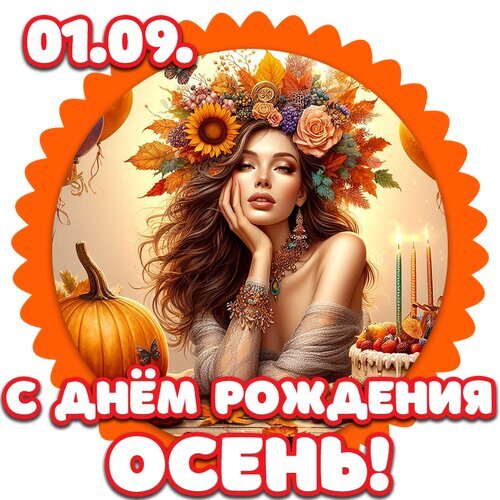 Поздравление «С днем рождения, осень!». Красивая девушка в осеннем венке, тыква, свечи и надпись 01.09. Уютная праздничная картинка к началу осени. Открытка С днем рождения. осень Красочное поздравительное изображение к началу осени. На иллюстрации изображена красивая молодая женщина с пышными волосами, украшенными осенним венком из подсолнухов, ярких листьев и цветов. Композиция дополнена уютными атрибутами осени: большой оранжевой тыквой, зажженными свечами и праздничным тортом. В верхней части кадра указана дата 01.09, а в нижней расположена крупная надпись на русском языке: «С ДНЕМ РОЖДЕНИЯ ОСЕНЬ!»