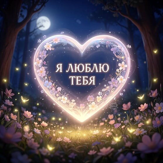 Романтическая открытка «Я люблю тебя»: светящееся цветочное сердце в волшебном ночном лесу под луной. Идеально для признания в любви. Открытка Я люблю тебя Живописная и романтическая цифровая иллюстрация, изображающая светящееся сердце, украшенное нежными цветами, на фоне ночного леса под полной луной. В центре сердца расположена надпись на русском языке «Я ЛЮБЛЮ ТЕБЯ», выполненная изящным шрифтом. Композиция наполнена магическим свечением, мерцающими частицами и мягким светом луны, создавая атмосферу любви, сказки и нежности