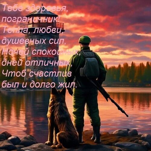 Поздравительная открытка для пограничника: военный с собакой на фоне заката и душевные пожелания здоровья, любви и спокойных ночей. Открытка Тебе здоровья, пограничник! Тепла, любви, душевных сил, ночей спокойных, дней отличных, чтоб счастлив Красивая поздравительная открытка для пограничника. На изображении запечатлен военный в форме с рюкзаком и оружием, стоящий спиной к зрителю на берегу реки на фоне живописного заката. Рядом с ним преданно сидит служебная собака. На картинке наложен душевный текст с пожеланиями здоровья, тепла, любви, душевных сил, спокойных ночей и отличных дней