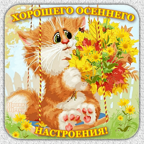 Милый рыжий котенок на качелях с букетом желтых цветов. Картинка-открытка с надписью «Хорошего осеннего настроения!» для поднятия духа и теплых пожеланий. Анимированная открытка Хорошего настроения! Милая и яркая цифровая иллюстрация с рыжим котенком, сидящим на качелях. Котенок окружен пышным букетом осенних желтых цветов. На картинке расположена поздравительная надпись на русском языке: «ХОРОШЕГО ОСЕННЕГО НАСТРОЕНИЯ!». Изображение выполнено в теплых осенних тонах, создавая уютную, позитивную и праздничную атмосферу
