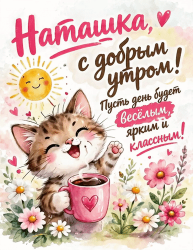 Милая открытка «Наташка, с добрым утром!» с котенком, чашкой кофе и цветами. Яркое и позитивное пожелание хорошего дня в нежных акварельных тонах. Анимированная открытка Наташке доброго утра Милая поздравительная открытка для девушки по имени Наташка. На изображении запечатлен очаровательный рыжий котенок с улыбкой, который держит чашку горячего кофе или чая. Рядом изображено улыбающееся солнце и яркие весенние цветы. Текст на открытке гласит: «Наташка, с добрым утром! Пусть день будет веселым, ярким и классным!». Иллюстрация выполнена в нежной акварельной стилистике с использованием пастельных тонов, сердечек и цветочных мотивов, что создает позитивное и теплое настроение Милая открытка «Наташка, с добрым утром!» с котенком, чашкой кофе и цветами. Яркое и позитивное пожелание хорошего дня в нежных акварельных тонах. Анимированная открытка Наташке доброго утра Милая поздравительная открытка для девушки по имени Наташка. На изображении запечатлен очаровательный рыжий котенок с улыбкой, который держит чашку горячего кофе или чая. Рядом изображено улыбающееся солнце и яркие весенние цветы. Текст на открытке гласит: «Наташка, с добрым утром! Пусть день будет веселым, ярким и классным!». Иллюстрация выполнена в нежной акварельной стилистике с использованием пастельных тонов, сердечек и цветочных мотивов, что создает позитивное и теплое настроение